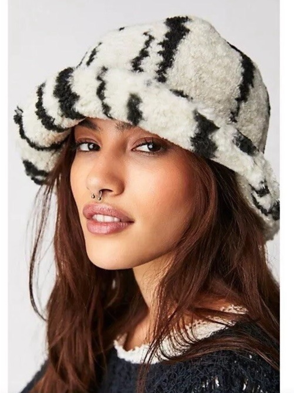 Free People Shaggy Sherpa Green And White Striped Bucket Hat NWOT